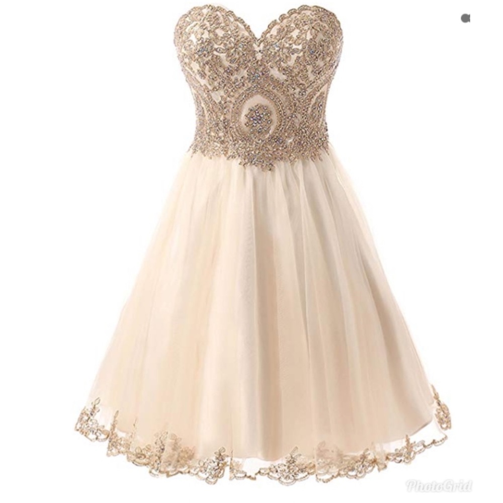 Cream Rhinestone Beaded Embellished Prom Dress - Short